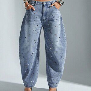 Blue Casual Women's Distressed Metal Stud Decor barrel Denim Jeans